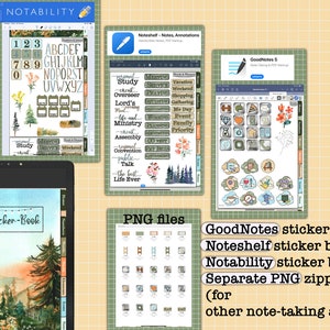 May include: A digital sticker book for the note-taking apps GoodNotes, Noteshelf, and Notability. The sticker book features a watercolor design of a forest scene with a sunset in the background. The sticker book also includes a variety of stickers, including letters, numbers, and icons.