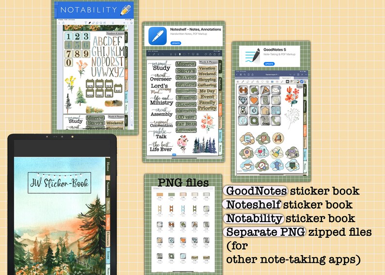 May include: A digital sticker book for the note-taking apps GoodNotes, Noteshelf, and Notability. The sticker book features a watercolor design of a forest scene with a sunset in the background. The sticker book also includes a variety of stickers, including letters, numbers, and icons.