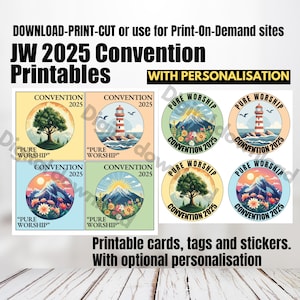 JW kids convention 2025 gepersonaliseerde kaart, speld, sticker, personalisatie pure aanbidding visitekaartjes voor kinderen cadeau, rond bemoedigend