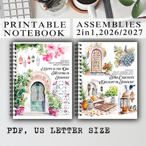 May include: Two spiral-bound printable notebooks with watercolour illustrations. The left cover features a green door, pink flowers, and the text "Happy is the one trusting in Jehovah". The right cover shows a peacock, lanterns, and "Find exquisite delight in Jehovah".