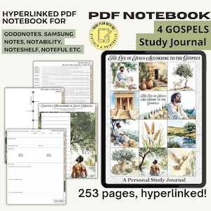 Puede incluir: Un cuaderno PDF digital con el texto "PDF Notebook" y "4 Gospels Study Journal". El cuaderno está diseñado para usarse con GoodNotes, Samsung Notes, Notability, Noteshelf y Noteful. El diario incluye 253 páginas con hipervínculos.