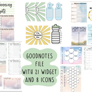 May include: A digital planner with 21 widgets and 8 icons for Goodnotes. The widgets include a social media tracker, a mood tracker, a plant care tracker, a bill pay checklist, a weekly meal plan, and a monthly watering tracker. The icons include a water bottle, a sun, and a flower.
