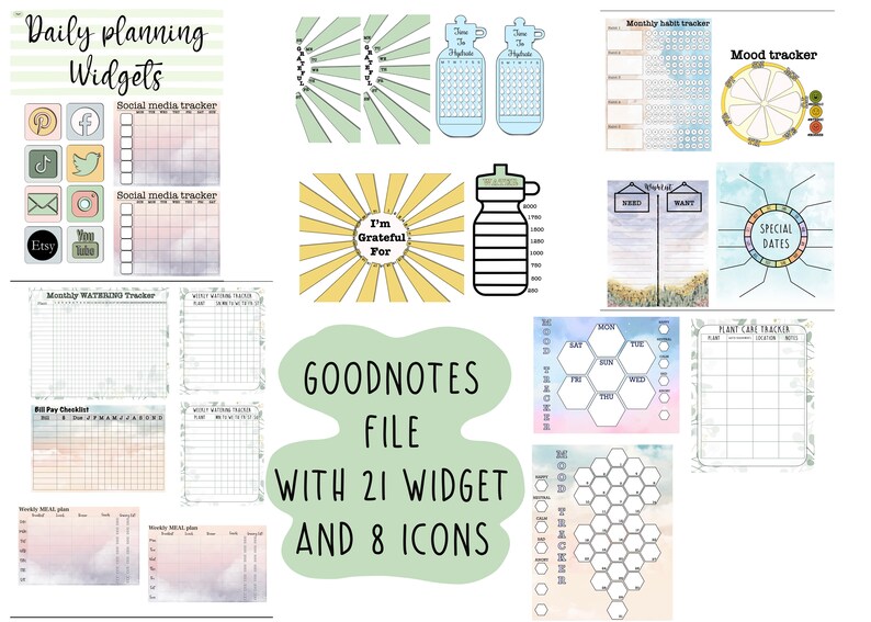May include: A digital planner with 21 widgets and 8 icons for Goodnotes. The widgets include a social media tracker, a mood tracker, a plant care tracker, a bill pay checklist, a weekly meal plan, and a monthly watering tracker. The icons include a water bottle, a sun, and a flower.