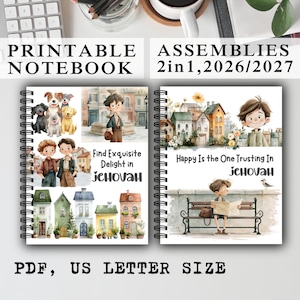 May include: Two spiral-bound notebooks with watercolour illustrations. The left cover shows dogs, a boy, and houses with the text 'Find Exquisite Delight in JEHOVAH'. The right cover shows houses, a boy, and a bench with 'Happy Is the One Trusting In JEHOVAH'.