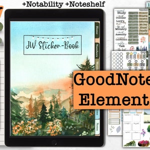 Puede incluir: La pantalla de una tableta digital muestra un paisaje de acuarela con una cordillera y un bosque. La pantalla también muestra un libro de pegatinas con el texto "JW Sticker-Book" y un título que dice "GoodNotes Elements". La tableta está rodeada de varias pegatinas y elementos de planificación digital, incluidos pegatinas de alfabeto, pegatinas de números y una variedad de otros elementos decorativos.