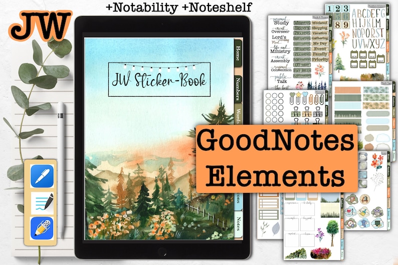 May include: A digital tablet screen displaying a watercolor landscape with a mountain range and a forest. The screen also shows a sticker book with the text "JW Sticker-Book" and a title that reads "GoodNotes Elements". The tablet is surrounded by various stickers and digital planner elements, including alphabet stickers, number stickers, and a variety of other decorative elements.