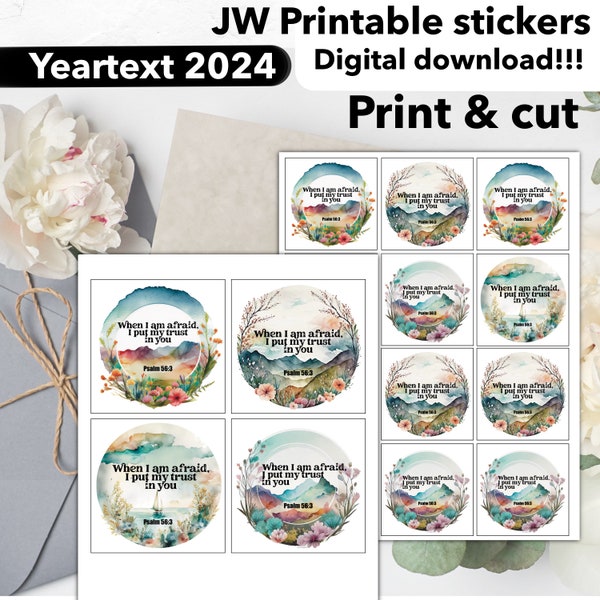 Yeartext 2024 stickers JW. Printable Year text gift circle cards. Card for pioneer, elder, encouragement JW