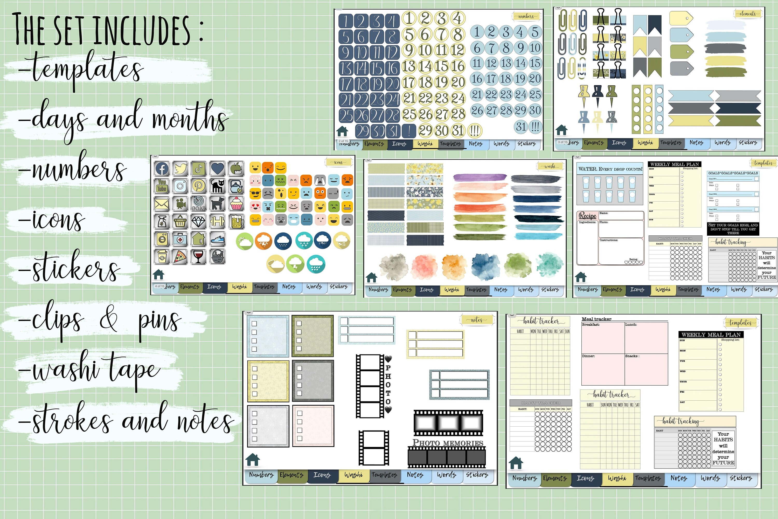 Digital GoodNotes Elements Functional stickers horizontal For Etsy