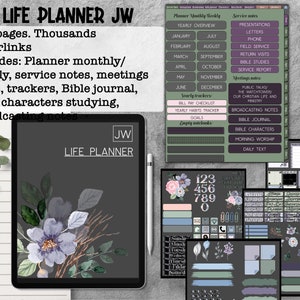 JW undated life planner dark mode for GoodNotes, meetings notes, Bible journal, service notes, planning on tablet stickers