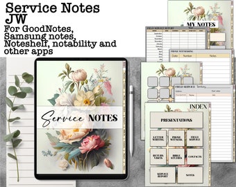 JW service notes for GoodNotes, return visits, Bible study, presentations planner iPad hyperlinked, with stickers notability Noteshelf