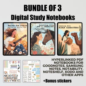 May include: A bundle of three digital study notebooks with colourful illustrations. The notebooks are titled "Behind the Lyrics", "Learning from God's Creations", and "Learning from Bible Characters". The bundle includes bonus stickers.