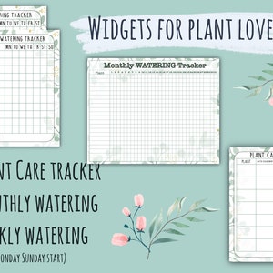 May include: Printable plant care tracker with a green and white floral design. The tracker includes sections for weekly and monthly watering, as well as a general plant care tracker.