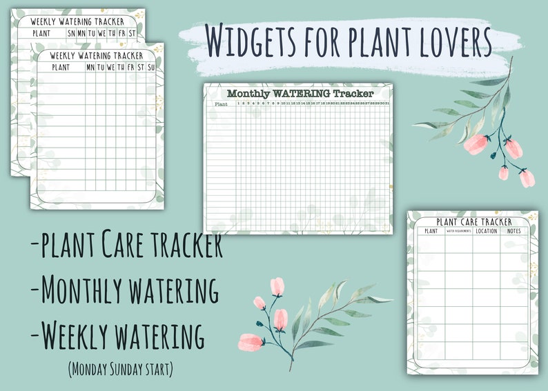 May include: Printable plant care tracker with a green and white floral design. The tracker includes sections for weekly and monthly watering, as well as a general plant care tracker.