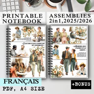 May include: Printable notebook with the text "PRINTABLE NOTEBOOK" and "ASSEMBLIES 2in1, 2025/2026". The notebook features watercolor illustrations and the text "FRANÇAIS PDF, A4 SIZE". Includes a bonus.