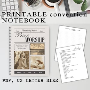 Puede incluir: Un cuaderno imprimible con una portada con un diseño de periódico vintage. La portada dice "Breaking News" y "Pure Worship" con el texto "2025 Convention of Jehovah's Witnesses". El cuaderno es de tamaño US Letter.