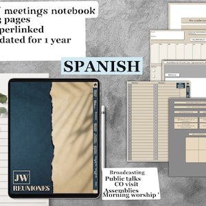 May include: A digital planner for JW meetings in Spanish. The cover features a blue and beige design with the text "JW REUNIONES". The planner includes 183 pages, is hyperlinked, and is undated for one year.