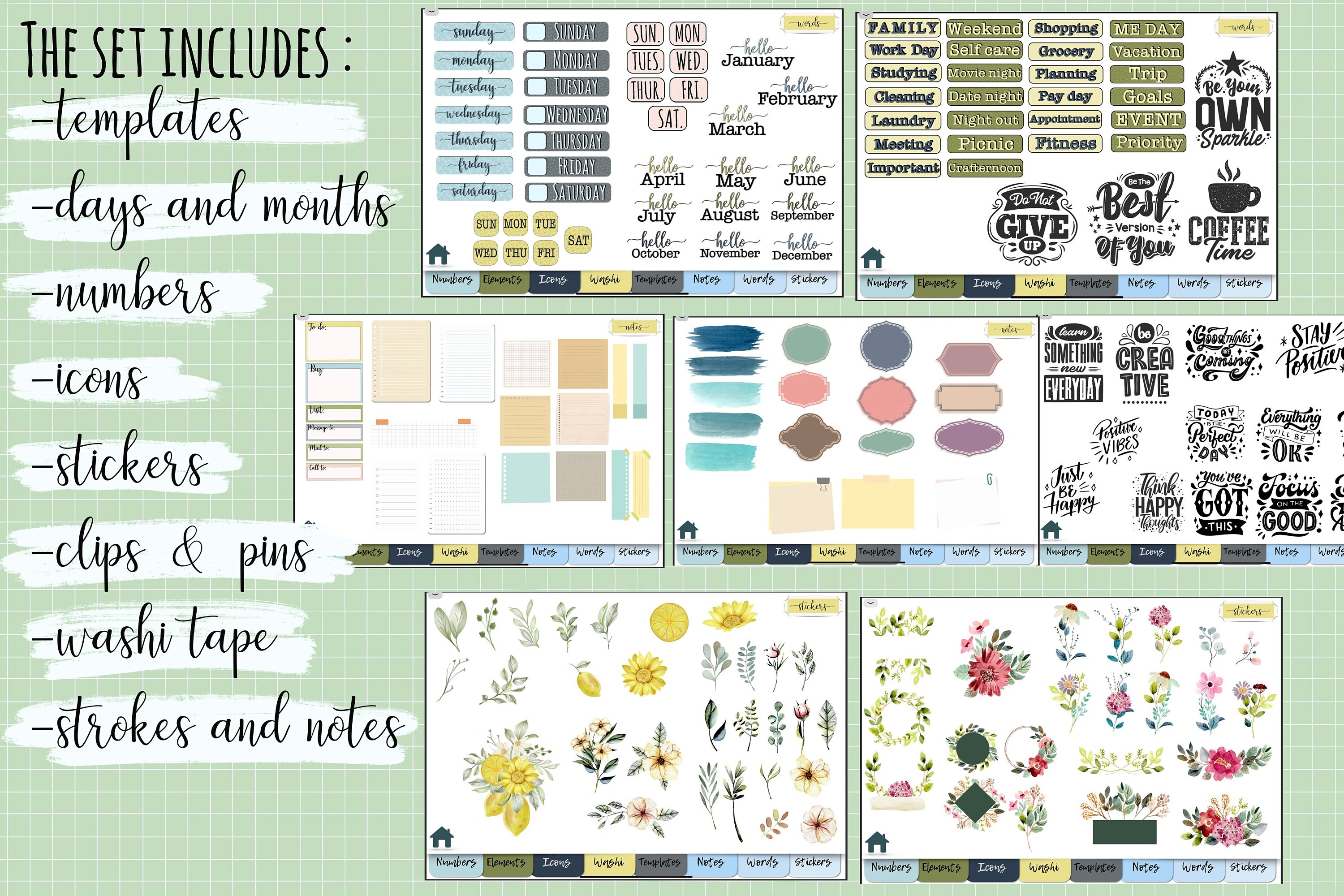 Digital GoodNotes Elements Functional stickers horizontal For Etsy