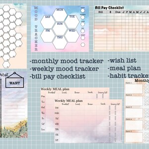 May include: A printable set of planner pages with a watercolor background. The pages include a monthly mood tracker, weekly mood tracker, wish list, meal plan, bill pay checklist, and monthly habit tracker.