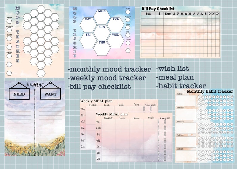 May include: A printable set of planner pages with a watercolor background. The pages include a monthly mood tracker, weekly mood tracker, wish list, meal plan, bill pay checklist, and monthly habit tracker.