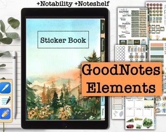 May include: A digital tablet displaying a sticker book with a watercolor landscape background. The text "Sticker Book" is displayed on the screen. The tablet is surrounded by various digital stickers for the GoodNotes app, including numbers, words, and a variety of other designs.