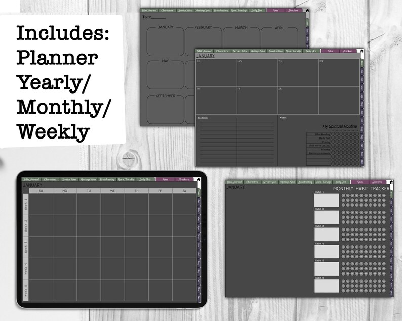 JW undated life planner dark for GoodNotes, January and September starting, meetings notes, Bible journal, service notes, planning on tablet image 4