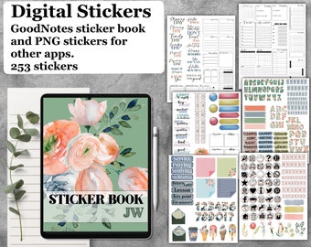 Könnte beinhalten: Ein digitales Stickerbuch für GoodNotes und andere Apps. Der Einband des Buches zeigt eine Aquarell-Illustration von rosa Blumen und grünen Blättern. Das Buch enthält 253 Sticker, darunter Buchstaben des Alphabets, Zahlen, Symbole und florale Designs.