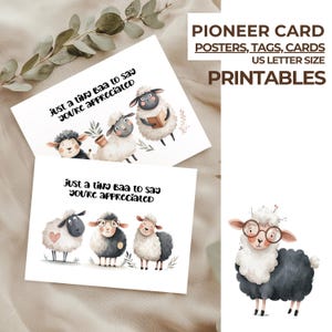Puede incluir: Dos tarjetas blancas con ilustraciones de ovejas y el texto "Just a tiny Baa to say you're appreciated". Las tarjetas están etiquetadas como "Pioneer Card" y "Posters, Tags, Cards, US Letter Size Printables".