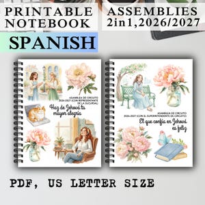 May include: Two spiral-bound notebooks featuring watercolor illustrations of people, flowers, and books. The left cover displays the text 'Haz de Jehová tu mayor alegría' and 'ASAMBLEA DE CIRCUITO 2026-2027'. The right cover shows 'El que confía en Jehová es feliz' and 'ASAMBLEA DE CIRCUITO 2026-2027'.