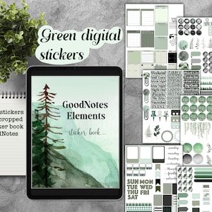 GoodNotes stickers digital elements and bonus green functional stickers, sticker book, pre-cropped PNG stickers for iPad planner