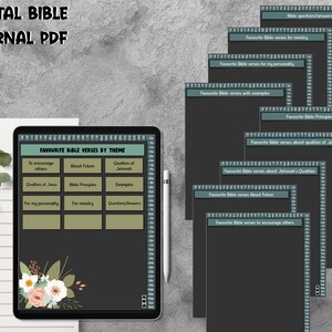 May include: A digital Bible journal PDF template featuring a floral design. The template is divided into sections for favourite Bible verses by theme, including verses to encourage others, about the future, qualities of Jehovah, qualities of Jesus, Bible principles, examples, for my personality, for ministry, and questions/answers.