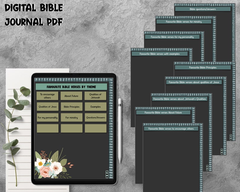 May include: A digital Bible journal PDF template featuring a floral design. The template is divided into sections for favourite Bible verses by theme, including verses to encourage others, about the future, qualities of Jehovah, qualities of Jesus, Bible principles, examples, for my personality, for ministry, and questions/answers.