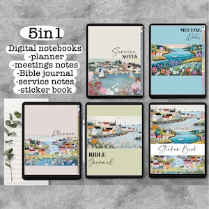 May include: Five digital notebook covers with a coastal theme. The covers feature a watercolor illustration of a small town with houses, trees, and a body of water. The covers are labeled "Planner", "Bible Journal", "Service Notes", "Meeting Notes", and "Sticker Book".