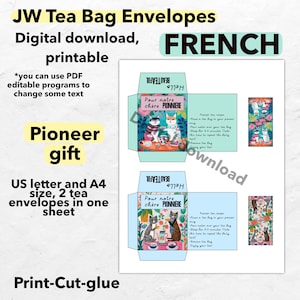 Pionnier des enveloppes pour sachets de thé JW French imprimable, cadeau d'emballage de sachets de thé pionnier, téléchargement numérique encourageant l'impression
