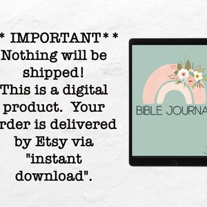 Pode incluir: Um download digital para um di&aacute;rio da B&iacute;blia com um arco-&iacute;ris rosa e branco e um design floral. O texto "BIBLE JOURNAL" est&aacute; na capa. O texto "IMPORTANT" est&aacute; na imagem, juntamente com o texto "Nada ser&aacute; enviado! Este &eacute; um produto digital. O seu pedido &eacute; entregue pela Etsy atrav&eacute;s de "download instant&acirc;neo."