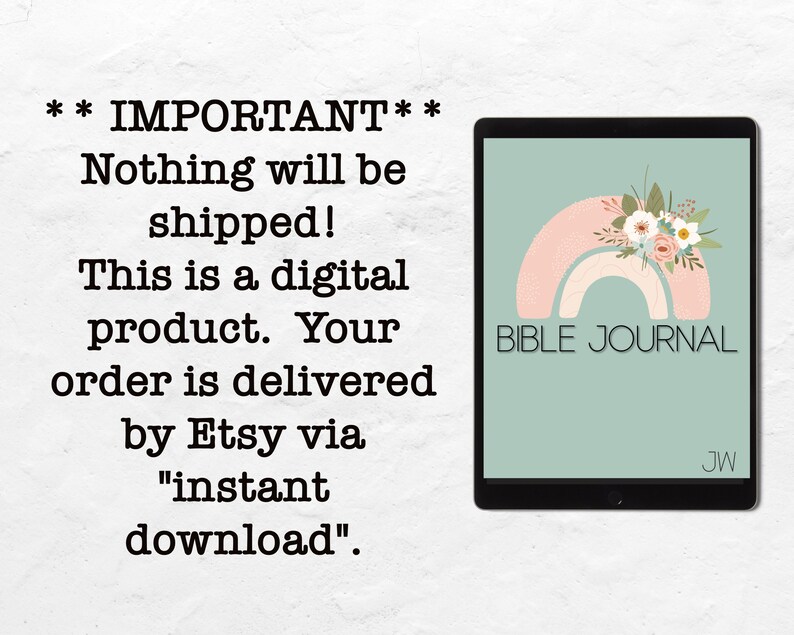 Pode incluir: Um download digital para um di&aacute;rio da B&iacute;blia com um arco-&iacute;ris rosa e branco e um design floral. O texto "BIBLE JOURNAL" est&aacute; na capa. O texto "IMPORTANT" est&aacute; na imagem, juntamente com o texto "Nada ser&aacute; enviado! Este &eacute; um produto digital. O seu pedido &eacute; entregue pela Etsy atrav&eacute;s de "download instant&acirc;neo."
