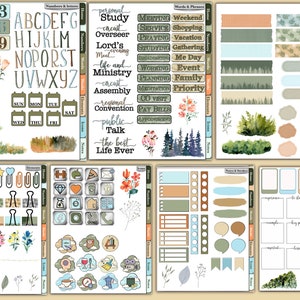 May include: A set of printable planner stickers featuring a variety of designs, including numbers, letters, days of the week, and inspirational quotes. The stickers are in a watercolor style with a green and blue color scheme. The stickers are perfect for adding a personal touch to your planner.