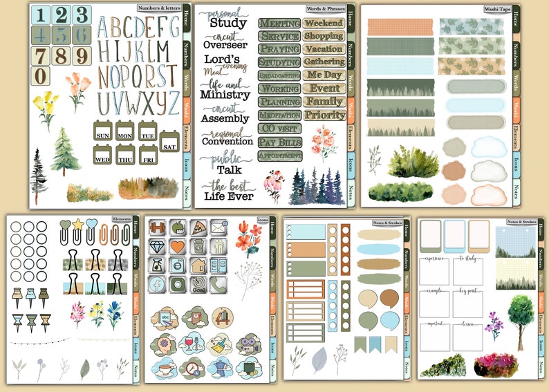 May include: A set of printable planner stickers featuring a variety of designs, including numbers, letters, days of the week, and inspirational quotes. The stickers are in a watercolor style with a green and blue color scheme. The stickers are perfect for adding a personal touch to your planner.