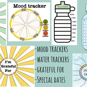 May include: A set of printable mood, water, and gratitude trackers. The trackers are designed with a lemon, sun, water bottle, and raindrop icons. The trackers are labeled with the text "Mood tracker", "Water", "Time to Hydrate", "I'm Grateful For", and "Special Dates".
