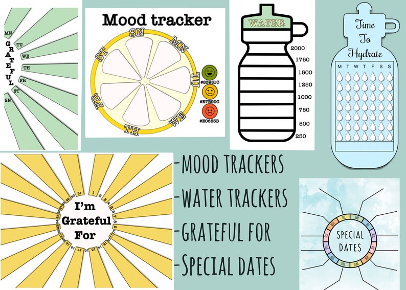 May include: A set of printable mood, water, and gratitude trackers. The trackers are designed with a lemon, sun, water bottle, and raindrop icons. The trackers are labeled with the text "Mood tracker", "Water", "Time to Hydrate", "I'm Grateful For", and "Special Dates".