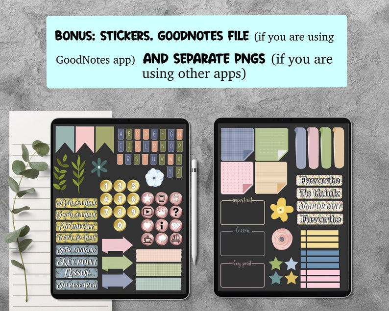 May include: Two digital planner pages with stickers for the GoodNotes app. The left page has alphabet stickers, numbers, arrows, and other icons. The right page has sticky notes, stars, and text boxes with phrases like "Favourite" and "To think".