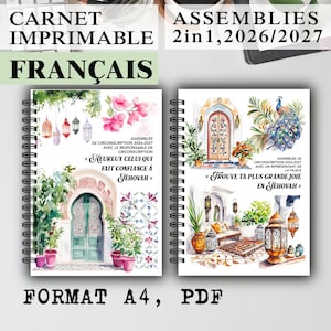 May include: Two spiral-bound notebooks featuring watercolour illustrations of arched doorways, hanging lanterns, potted plants, and a peacock. The covers include French text: "Heureux celui qui fait confiance à Jéhovah" and "Trouve ta plus grande joie en Jéhovah".