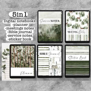 May include: A collection of digital notebooks displayed on tablets. The notebooks feature forest and nature-themed designs in shades of green and white. Titles include "Planner," "Service Notes," "Meeting Notes," "Bible Journal," and "Sticker Book."