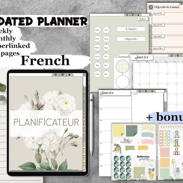Undated planner anual agenda français french weekly monthly for GoodNotes portrait notability planning, iPad hyperlinked, tablet stickers