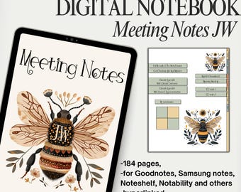 May include: Digital notebook for taking meeting notes, featuring a bee illustration with the initials "JW" and a floral design. The notebook has 184 pages and is compatible with Goodnotes, Samsung Notes, Noteshelf, Notability, and other note-taking apps. It is also hyperlinked.
