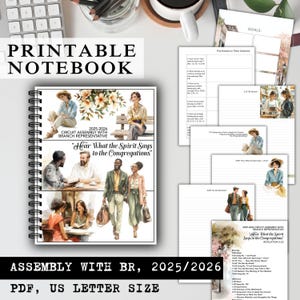 Op de afbeelding: Een spiraalgebonden, bedrukbaar notitieboek met de tekst "PRINTABLE NOTEBOOK" bovenaan. De omslag bevat illustraties en de tekst "Hear What the Spirit Says to the Congregations". Het notitieboek is gelabeld "ASSEMBLY WITH BR, 2025/2026" en is US Letter formaat.