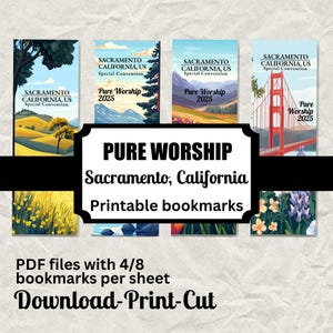 Marcadores de libros de la convención especial de JW Sacramento 2025, tarjeta de regalo imprimible, marcapáginas, EE. UU., California, adoración pura, aliento, simpatía, aliento
