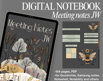May include: Digital notebook with 184 pages for note-taking. The cover features a wintery forest scene with trees, snow, and a bee. The text "Meeting Notes JW" is displayed on the cover.