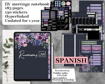 JW undated spanish notebook for GoodNotes, español cuaderno meetings, convention, co visit, pdf iPad hyperlinked, with stickers notability