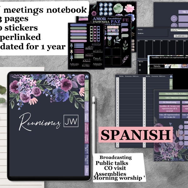 JW undated spanish notebook for GoodNotes, español cuaderno meetings, convention, co visit, pdf iPad hyperlinked, with stickers notability
