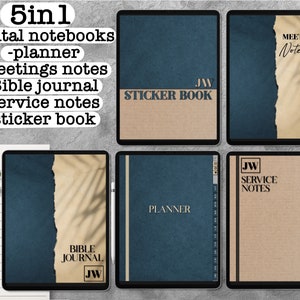 May include: Five digital notebook covers with a blue and brown color scheme. The covers include a planner, meeting notes, Bible journal, service notes, and a sticker book. Each cover has the text "JW" and the title of the notebook.